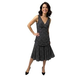 Dressbarn Dress 12 Black White Polka‎ Dot Layered Ruched Pleated Classic Retro